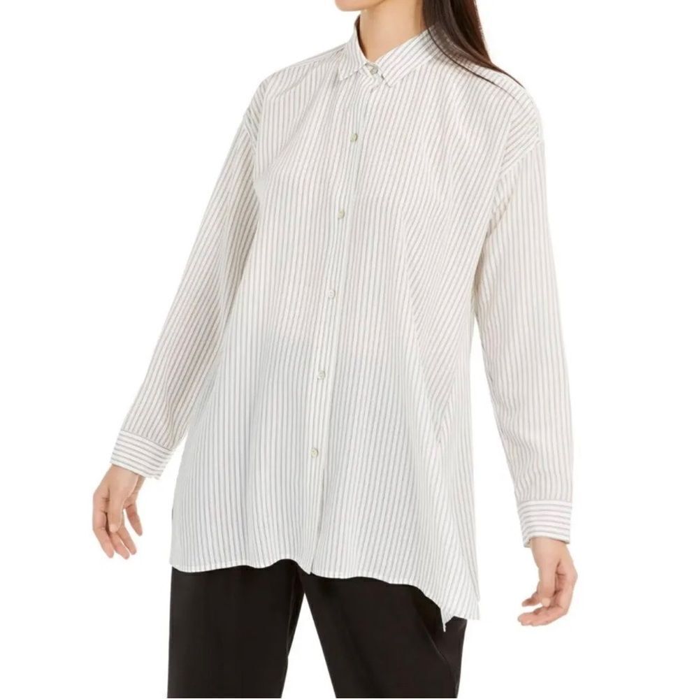 Eileen Fisher 100% Silk Oversized Striped Button Down Tunic Blouse Size S